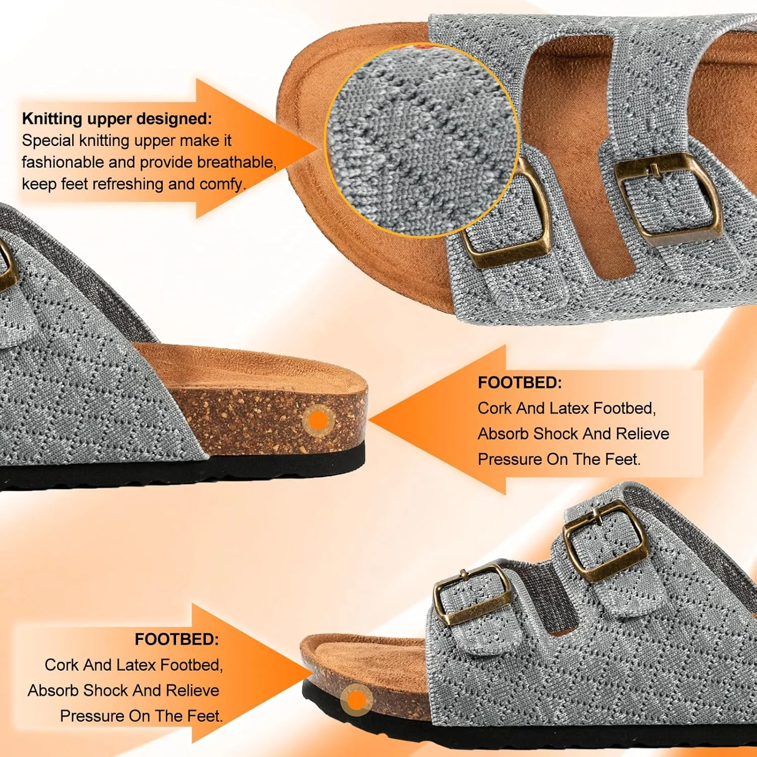 Women's Comfy Arch Support Cork Footbed Adjustable Knitting Straps Indoor and Outdoor Slides Sandals
