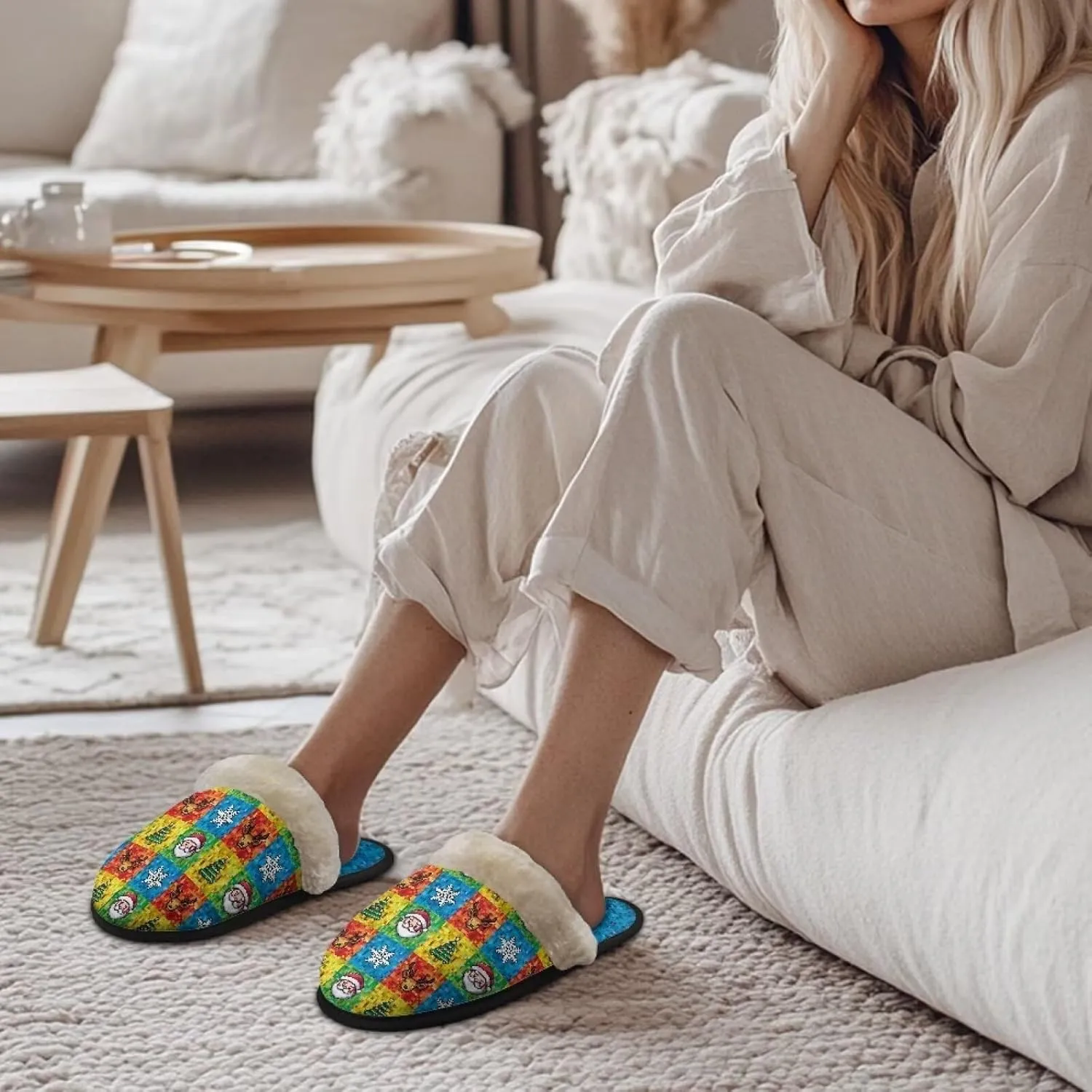 Women's Cotton Slipper Warm Furry Bedroom House Slipper Soft Fluffy Collar Winter Non-Slip House Outdoor Slipper for Ladies XS-XL
