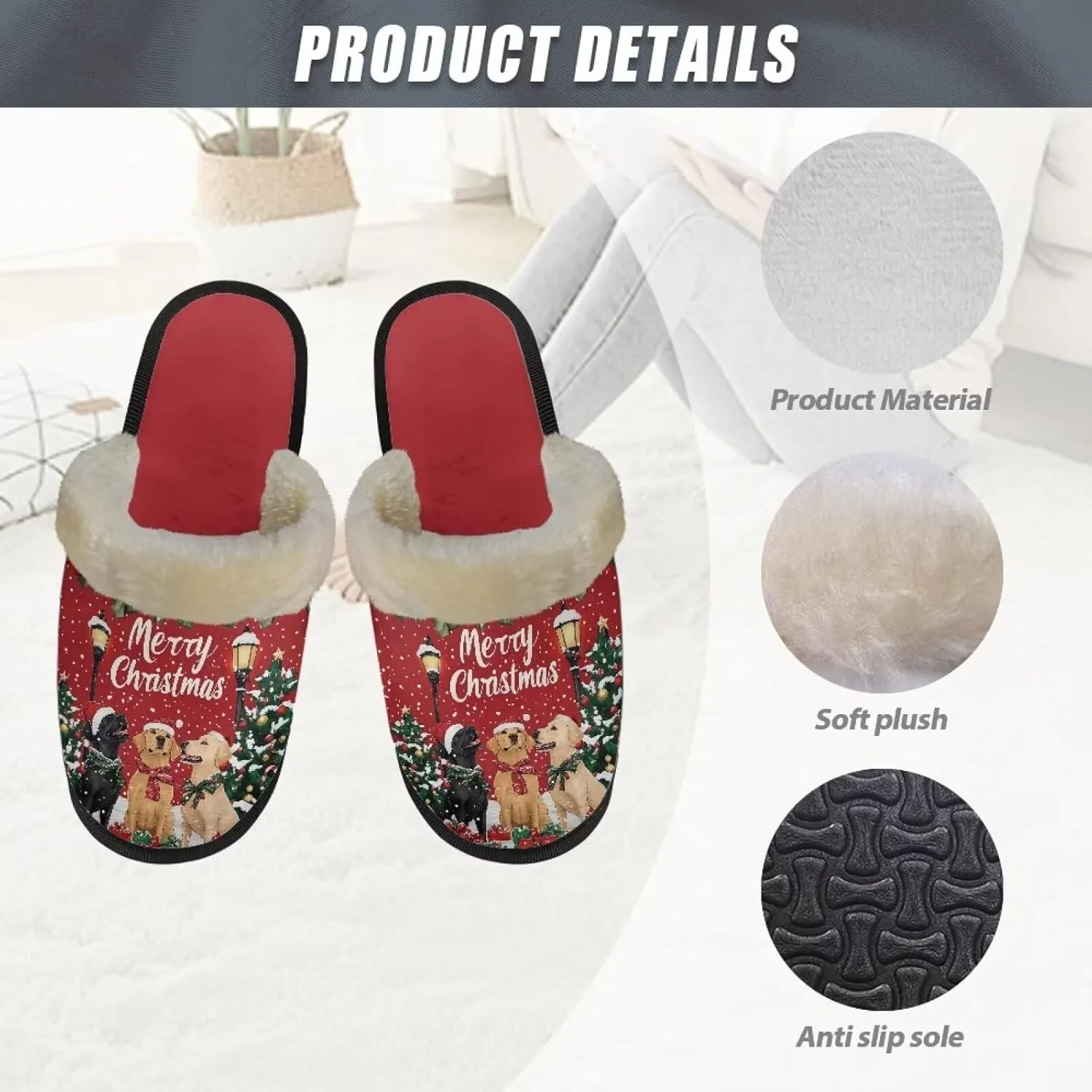 Women's Cotton Slipper Warm Furry Bedroom House Slipper Soft Fluffy Collar Winter Non-Slip House Outdoor Slipper for Ladies XS-XL