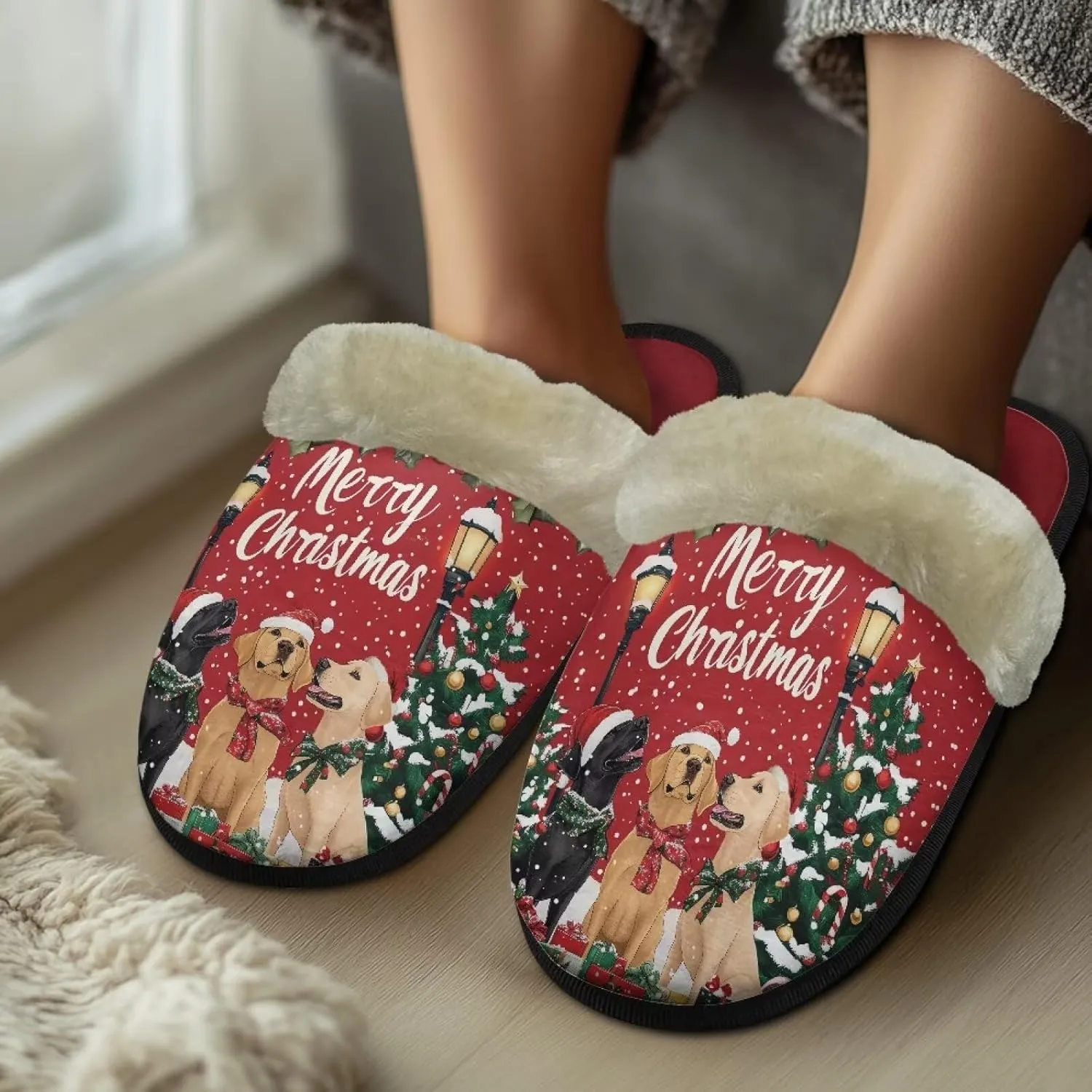 Women's Cotton Slipper Warm Furry Bedroom House Slipper Soft Fluffy Collar Winter Non-Slip House Outdoor Slipper for Ladies XS-XL