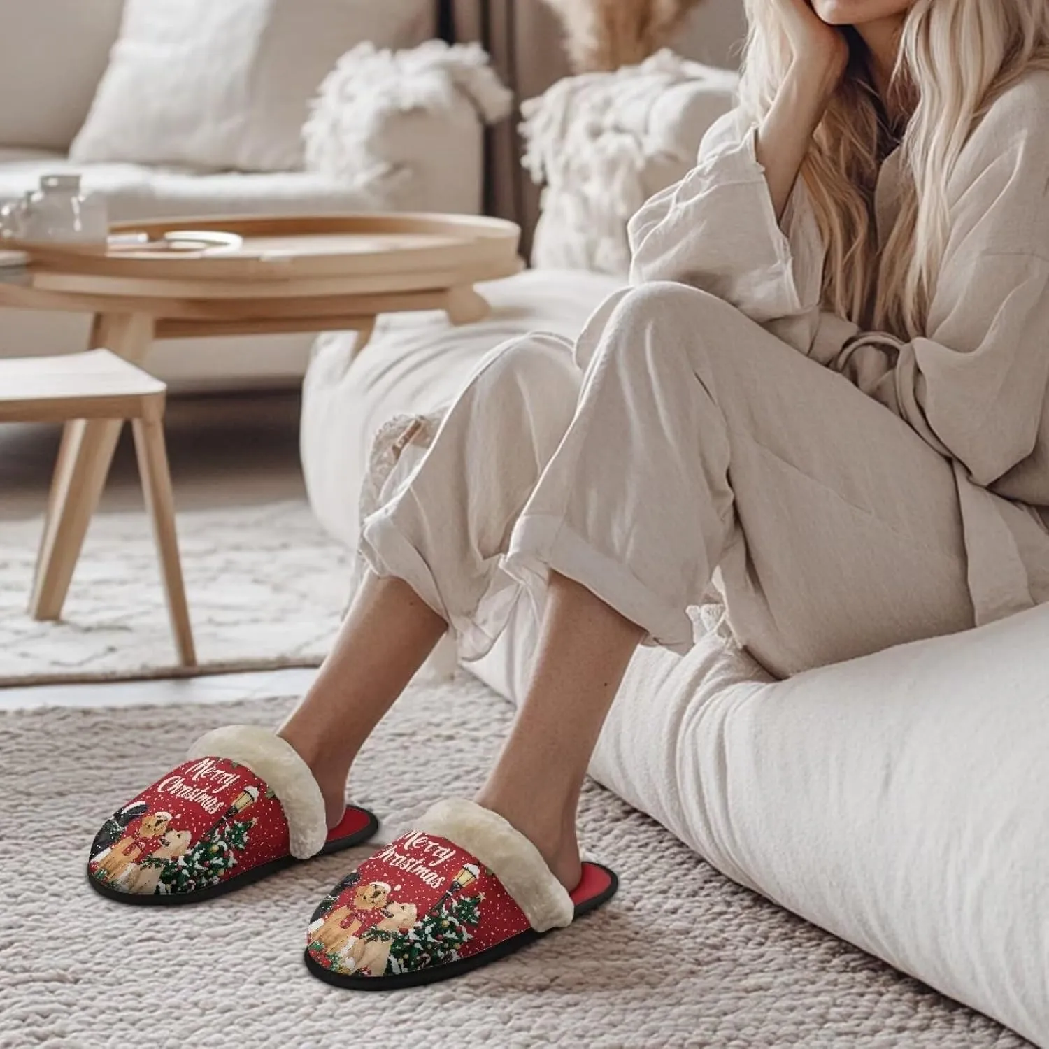 Women's Cotton Slipper Warm Furry Bedroom House Slipper Soft Fluffy Collar Winter Non-Slip House Outdoor Slipper for Ladies XS-XL