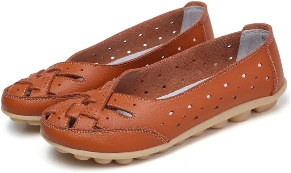 Women's Cowhide Leather Shoes Loafers Flats Sandals Slip-On Cutout