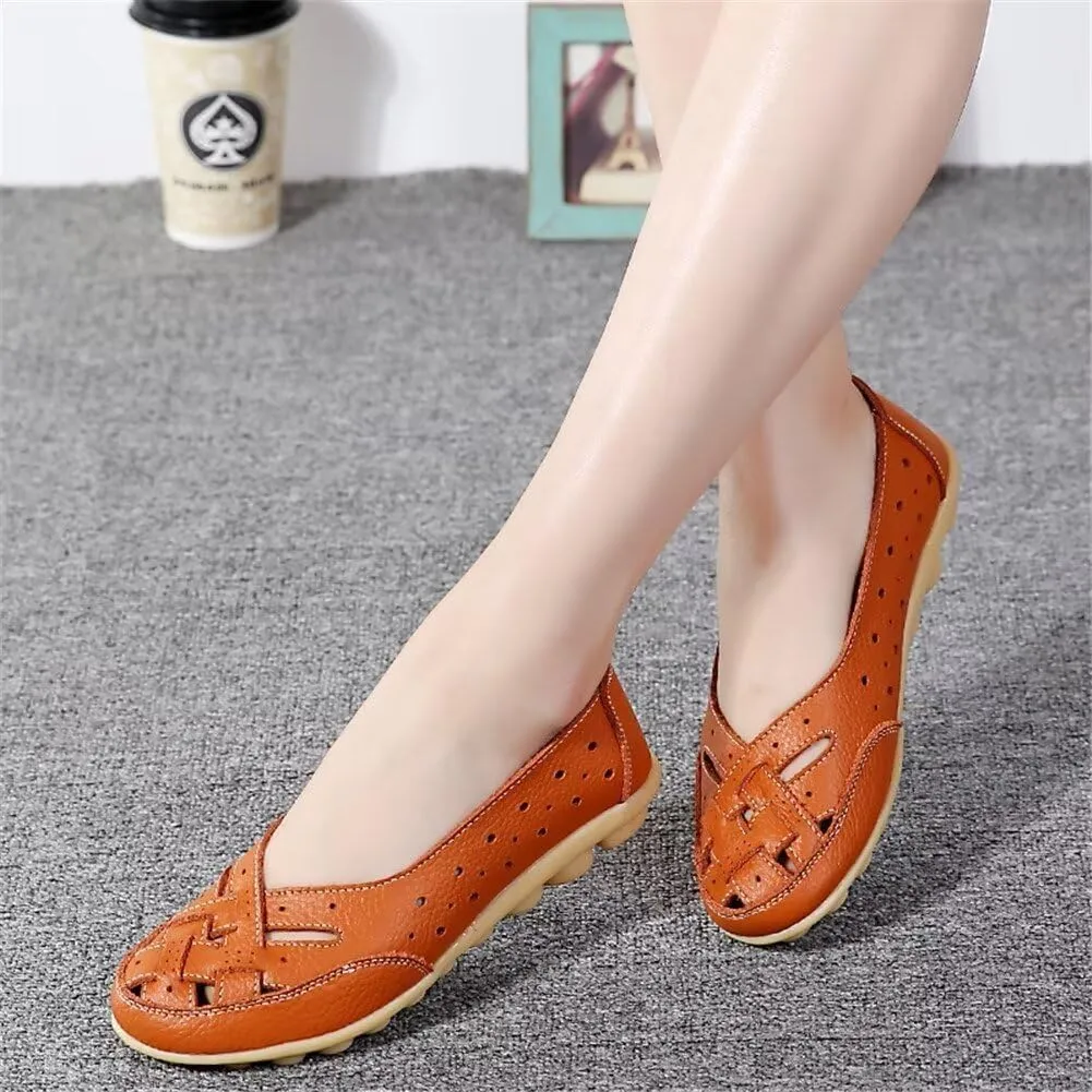 Women's Cowhide Leather Shoes Loafers Flats Sandals Slip-On Cutout