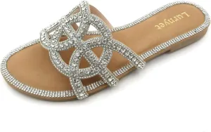 Women's Crystal Rhinestone Comfort Cushion Flat Sandals, Slip-On Slides with Decorative Design, Summer Beach Slippers: Stylish Design, Non-Slip Rubber Sole, Latex Insole for Comfort, Perfect for Shopping, Parties, and Casual Outings