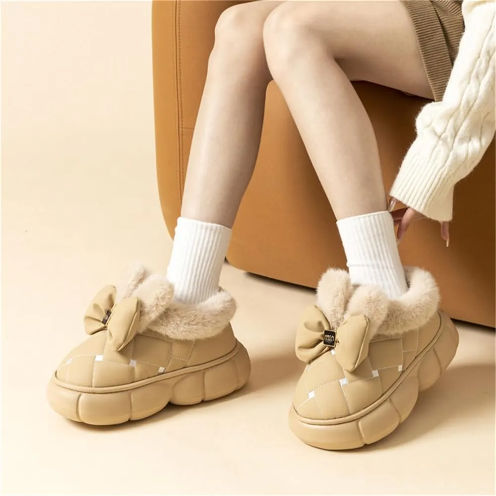 Women's Cute Bowknot Design Plush Lined Slipper, Bow Slippers, Bowknot Slippers, Winter Warm Anti-Skid Waterproof
