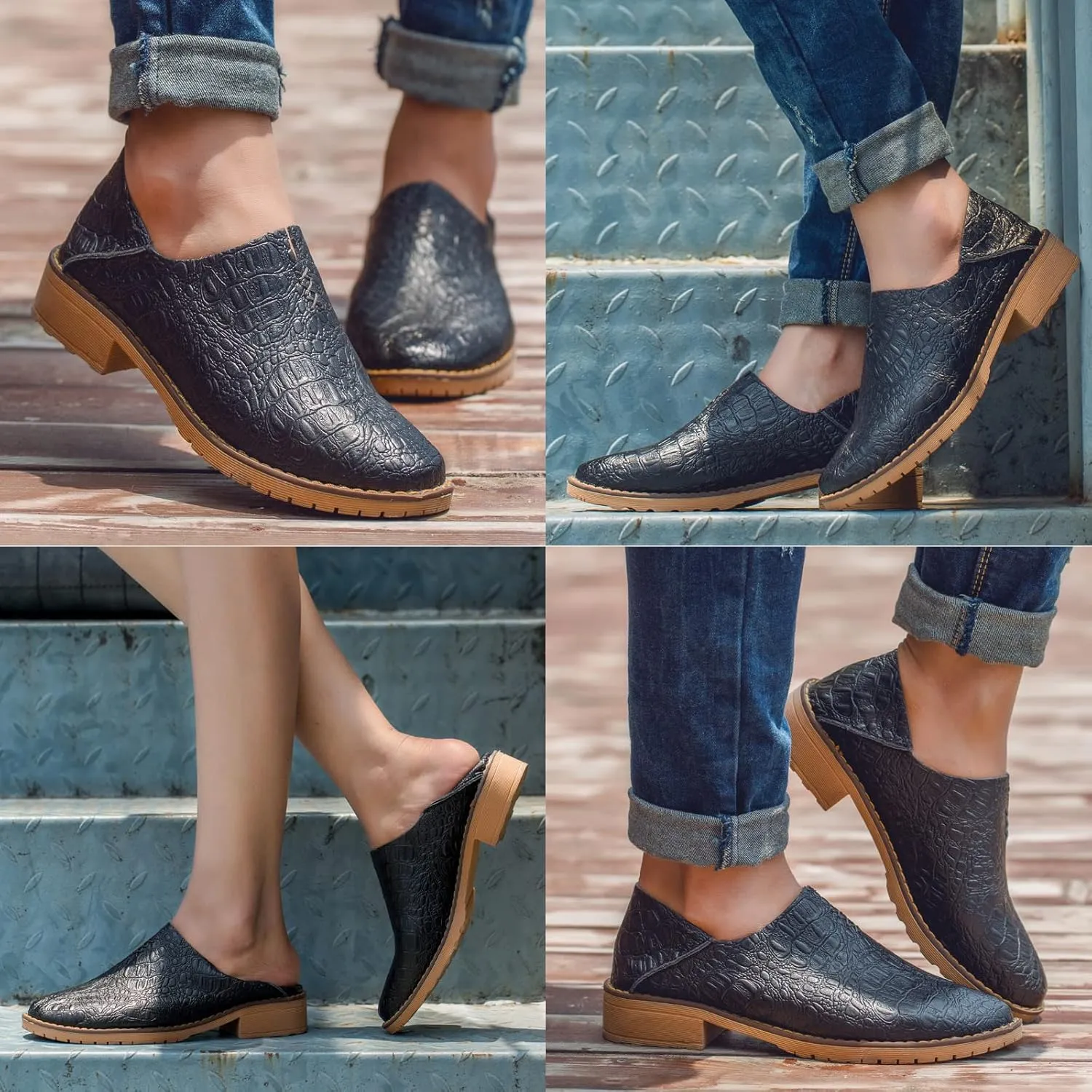 Women's Fashion Leather Penny Loafer Drop-in Heel Slip On Flats Mules Shoes
