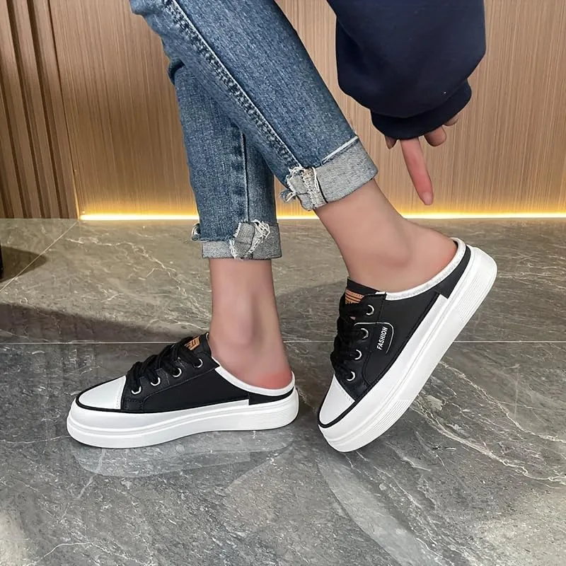 Women's Flat Mule Sneakers, Slip On Backless Casual Lazy Shoes, Half Closed Toe Breathable Walking Daily Footwear