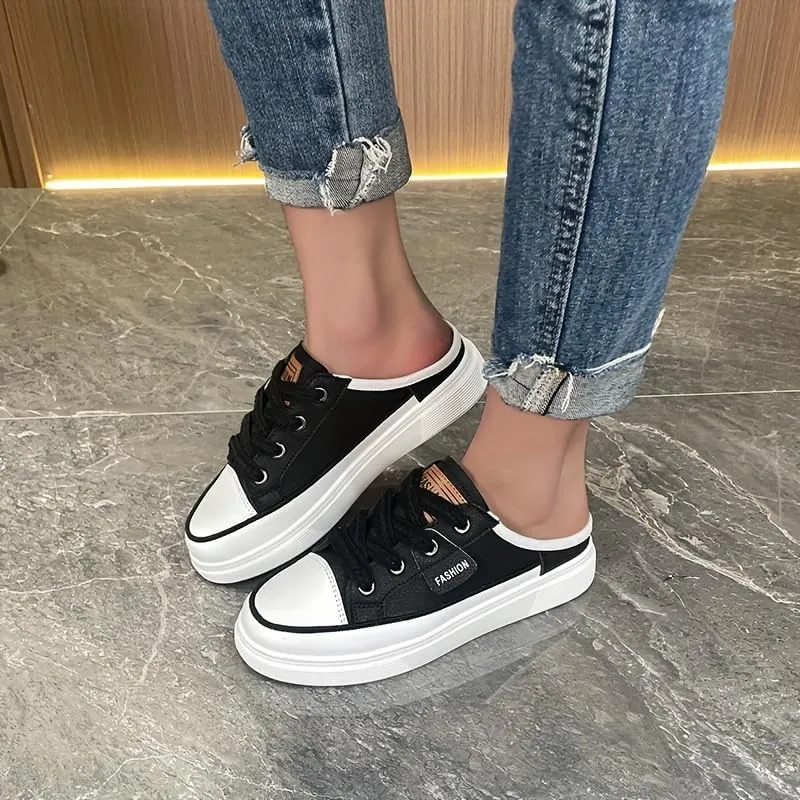Women's Flat Mule Sneakers, Slip On Backless Casual Lazy Shoes, Half Closed Toe Breathable Walking Daily Footwear