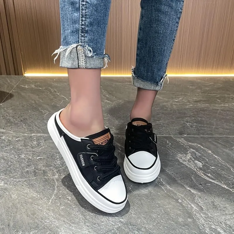 Women's Flat Mule Sneakers, Slip On Backless Casual Lazy Shoes, Half Closed Toe Breathable Walking Daily Footwear