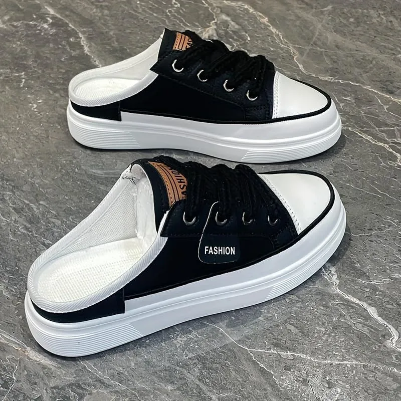 Women's Flat Mule Sneakers, Slip On Backless Casual Lazy Shoes, Half Closed Toe Breathable Walking Daily Footwear