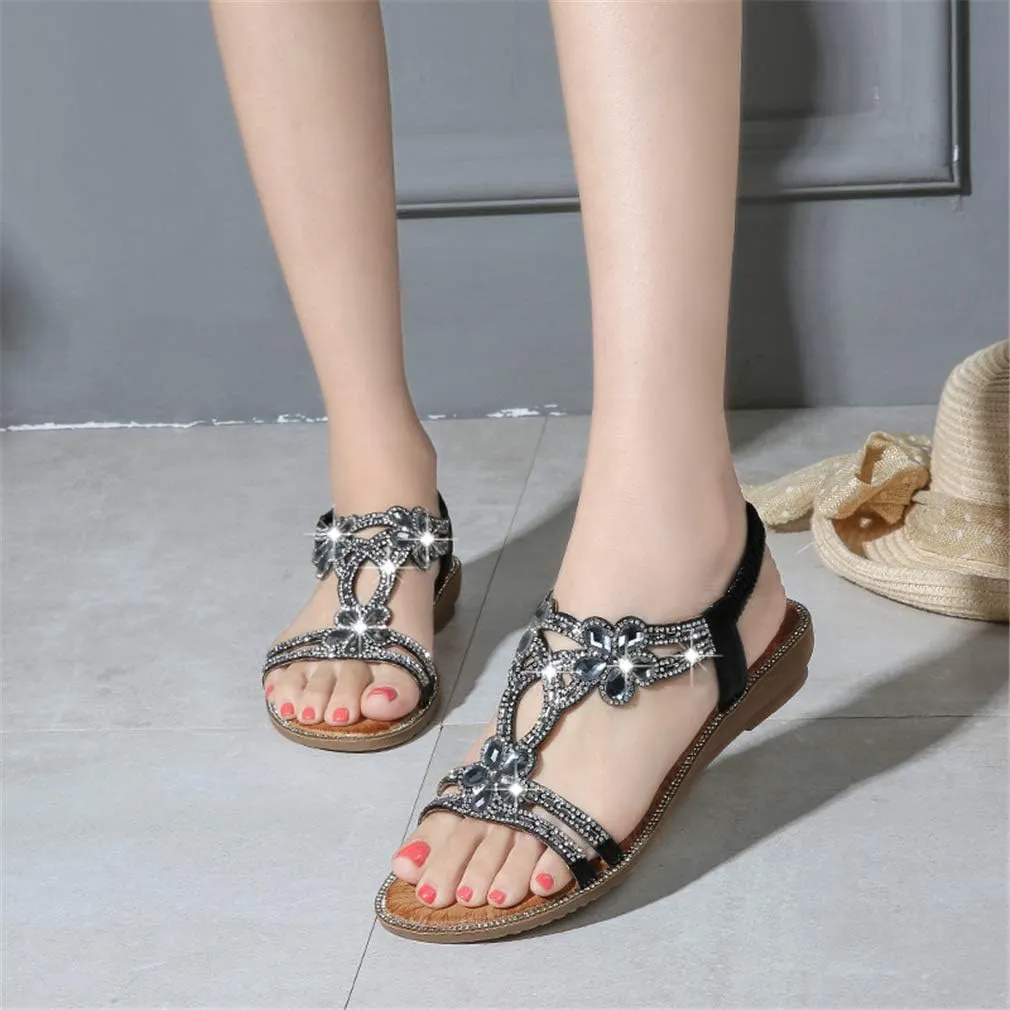 Women's Flat Sandals Summer Beach Sandal T-Strap Rhinestone Beaded Bohemia Shoes