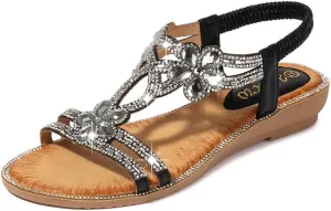 Women's Flat Sandals Summer Beach Sandal T-Strap Rhinestone Beaded Bohemia Shoes