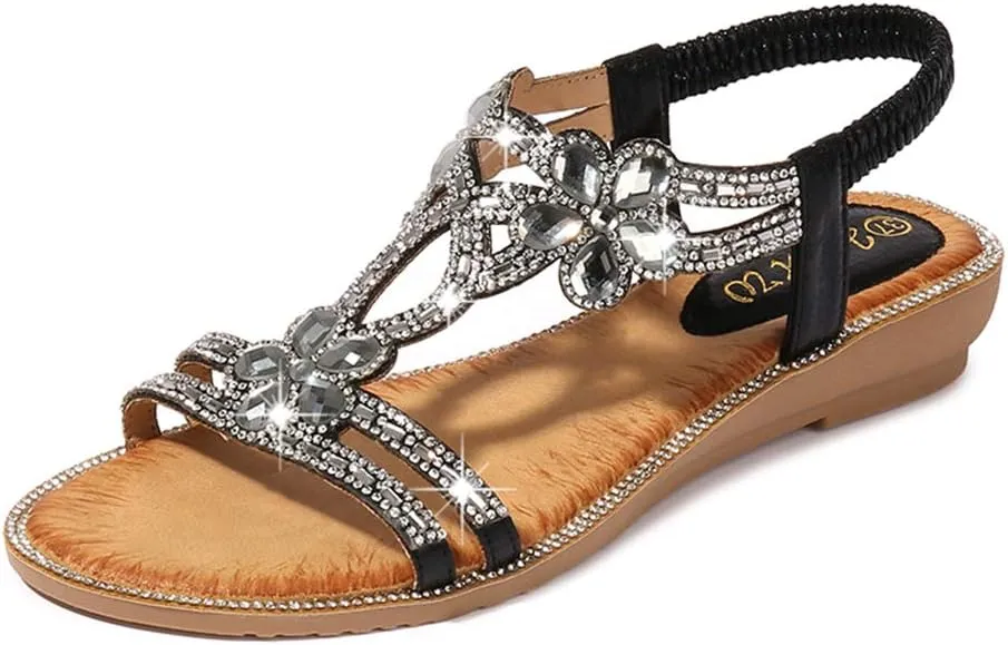 Women's Flat Sandals Summer Beach Sandal T-Strap Rhinestone Beaded Bohemia Shoes