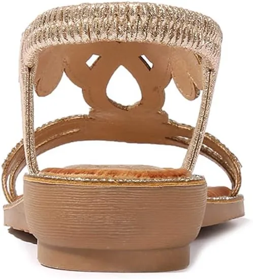 Women's Flat Sandals Summer Beach Sandal T-Strap Rhinestone Beaded Bohemia Shoes