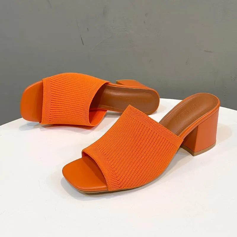 Womens Knit Heeled Sandals Chunky Low Block Heel Mules Square Open Toe Heels Slip On Breathable Slides Sandals