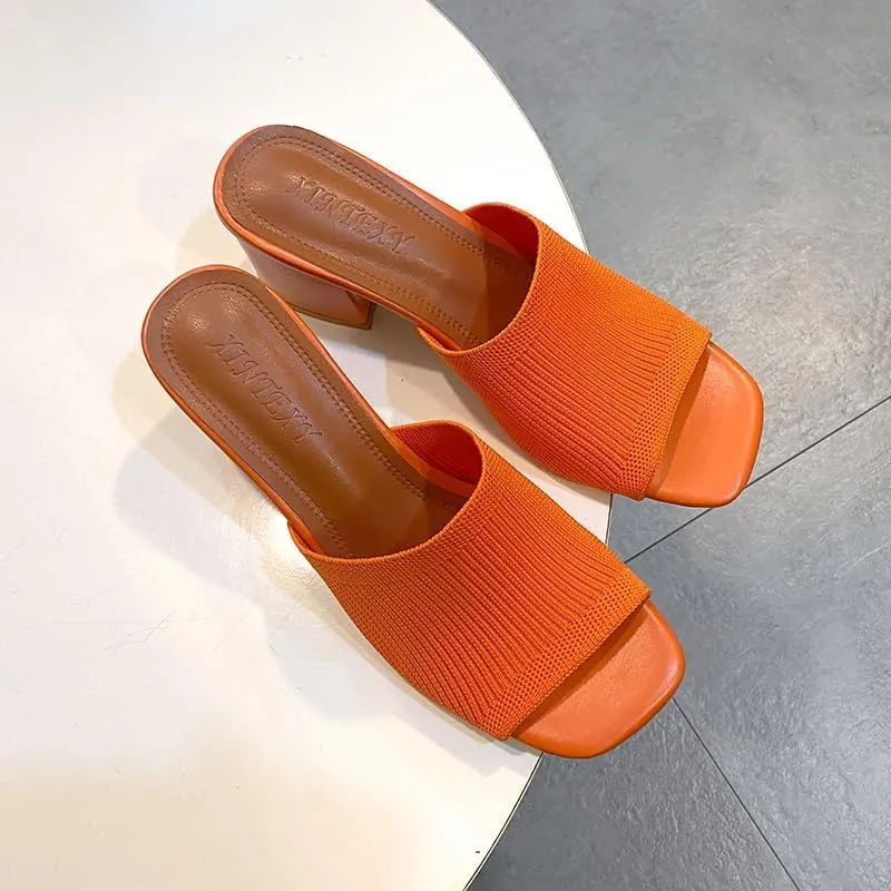 Womens Knit Heeled Sandals Chunky Low Block Heel Mules Square Open Toe Heels Slip On Breathable Slides Sandals