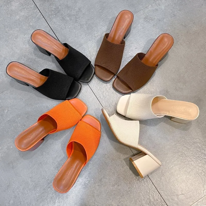 Womens Knit Heeled Sandals Chunky Low Block Heel Mules Square Open Toe Heels Slip On Breathable Slides Sandals