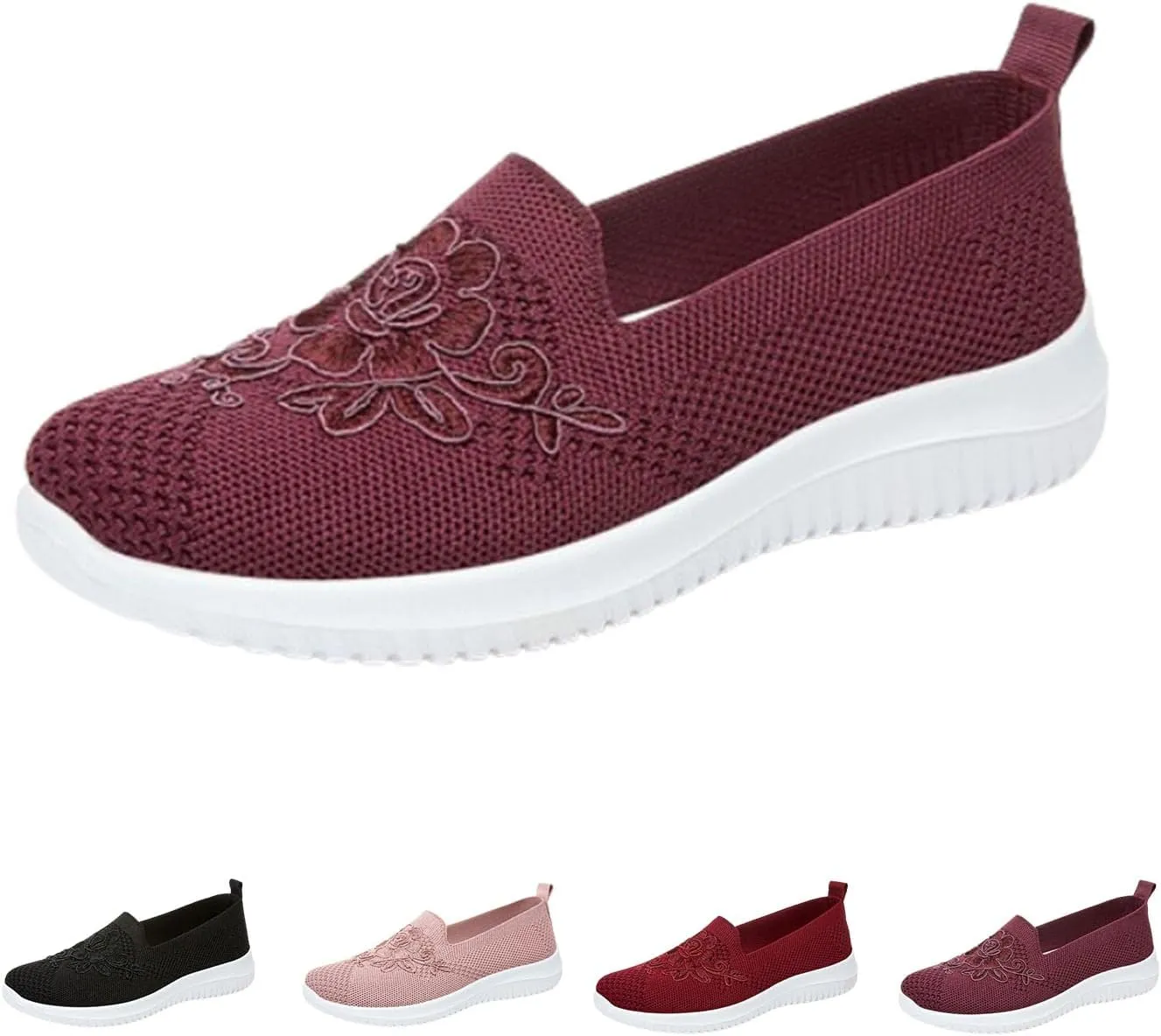 Women's Knitted Embroidery Casual Walking Sneakers,Flower Embroidery Slip On Mesh Breathable Flat MoM Shoes