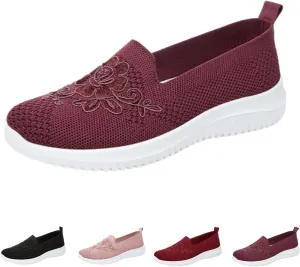 Women's Knitted Embroidery Casual Walking Sneakers,Flower Embroidery Slip On Mesh Breathable Flat MoM Shoes