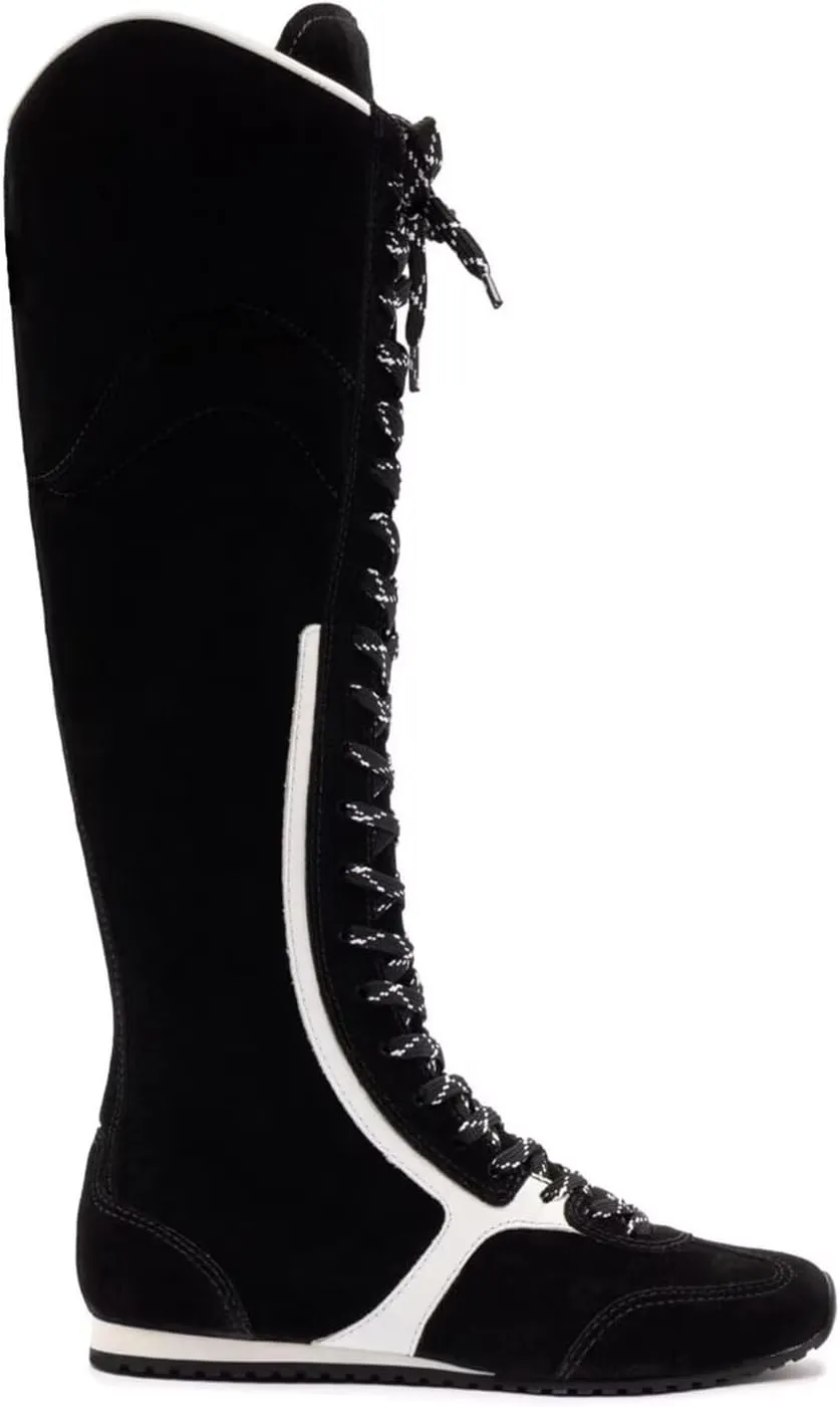 Women's Lace Up Retro Sport Style Tall Boots Side Zipper Contrast Panel Flat Heel Fashion Sneakers Boots