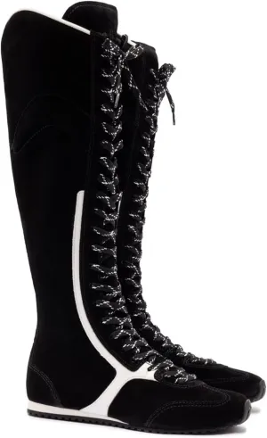 Women's Lace Up Retro Sport Style Tall Boots Side Zipper Contrast Panel Flat Heel Fashion Sneakers Boots