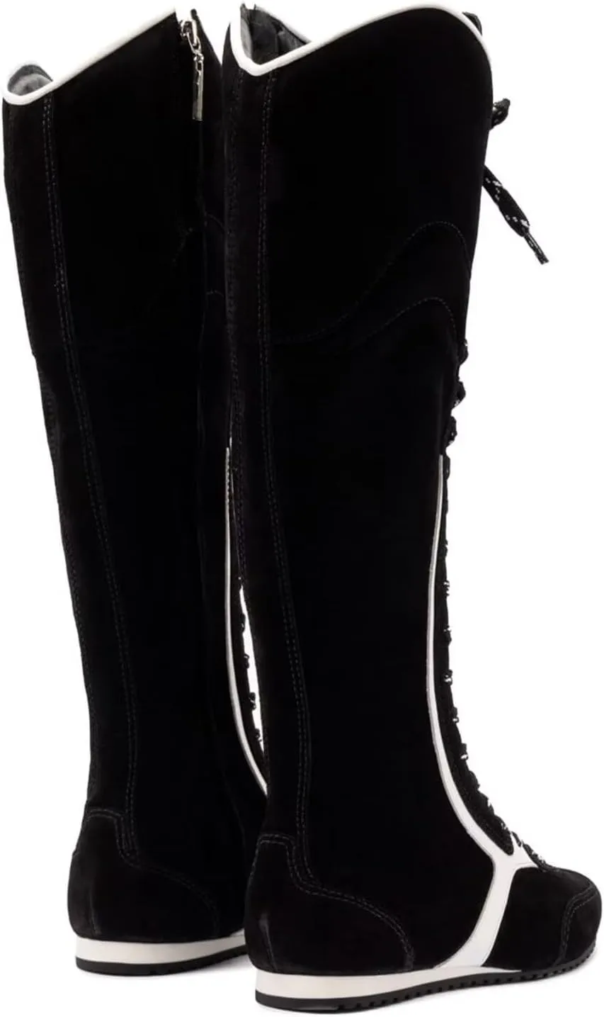 Women's Lace Up Retro Sport Style Tall Boots Side Zipper Contrast Panel Flat Heel Fashion Sneakers Boots