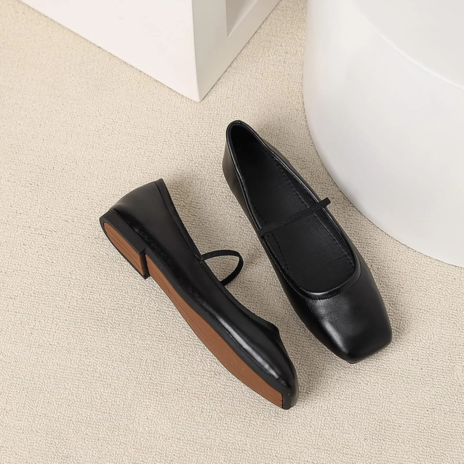 Women's Leather Mary Jane Flats Shoes Dressy Comfortable Square Toe Slip On Ballet Flat Causal Breathable Flat Walking Shoes