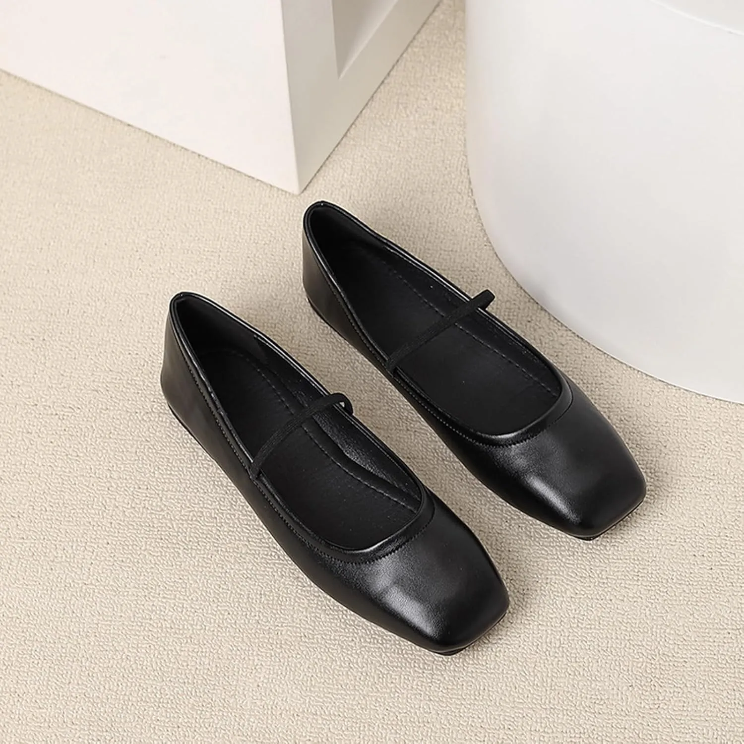 Women's Leather Mary Jane Flats Shoes Dressy Comfortable Square Toe Slip On Ballet Flat Causal Breathable Flat Walking Shoes
