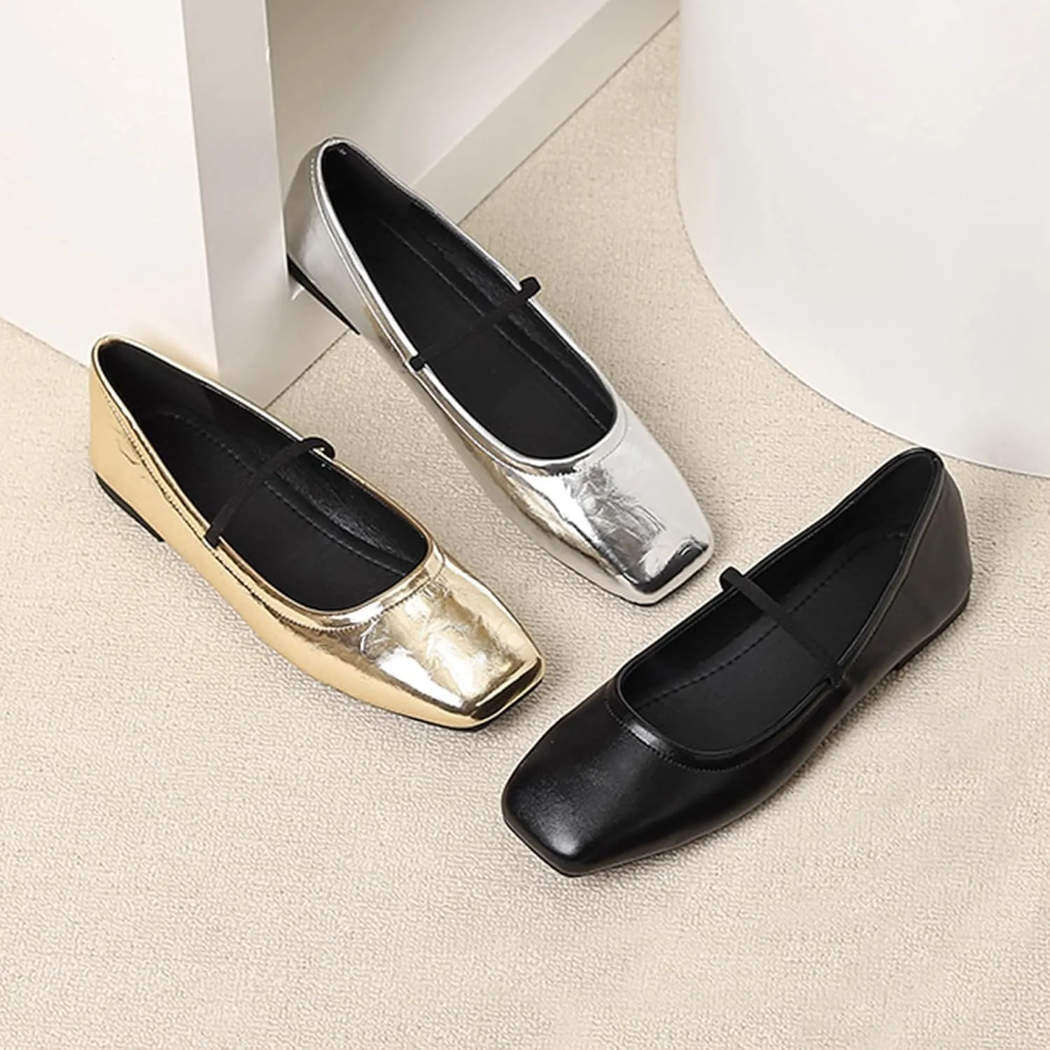 Women's Leather Mary Jane Flats Shoes Dressy Comfortable Square Toe Slip On Ballet Flat Causal Breathable Flat Walking Shoes