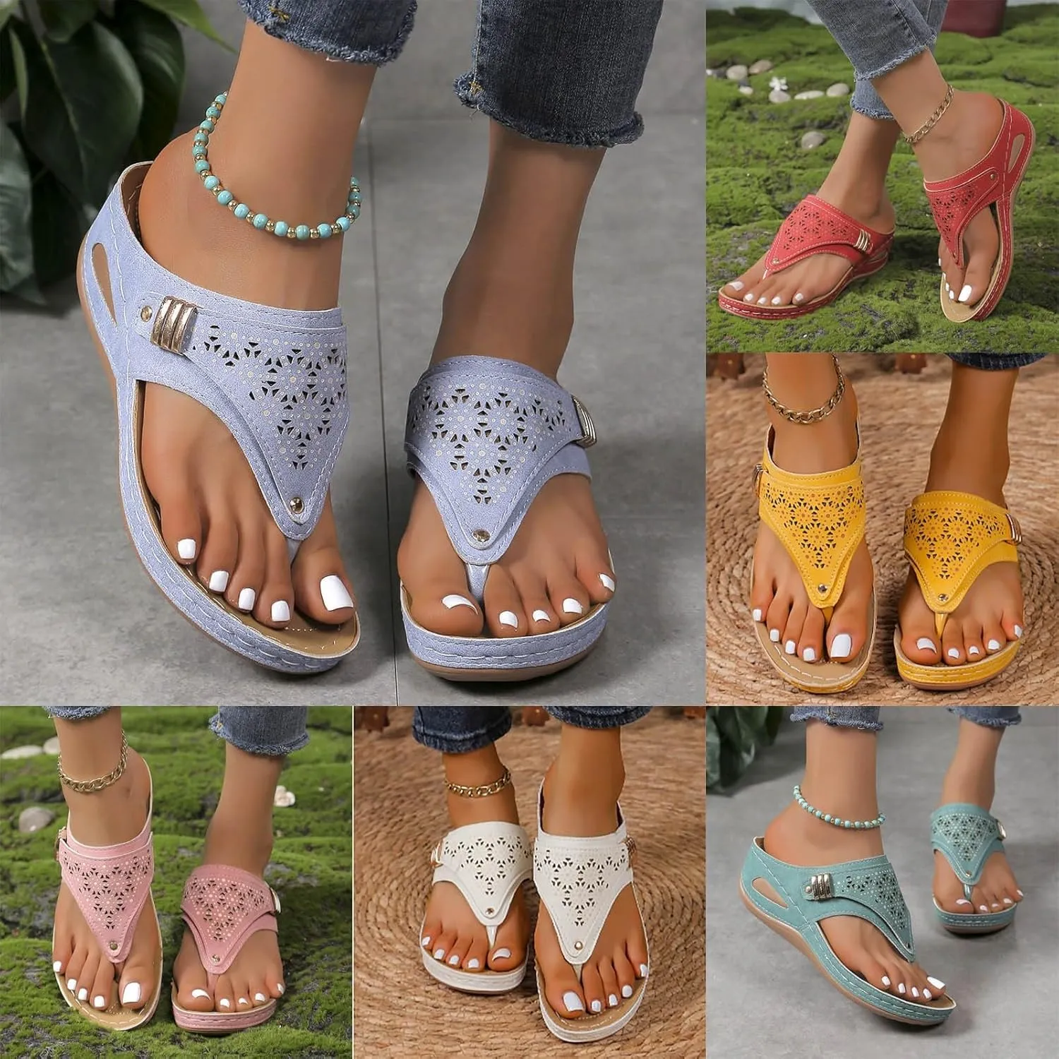 Women's Orthopedic Bohemia Breathable Mesh Hollow Wedge Sandals, Yellow, Size 9, Flat Sandals, Casual, Open Toe, Ankle Strap, Thong, Adult Women