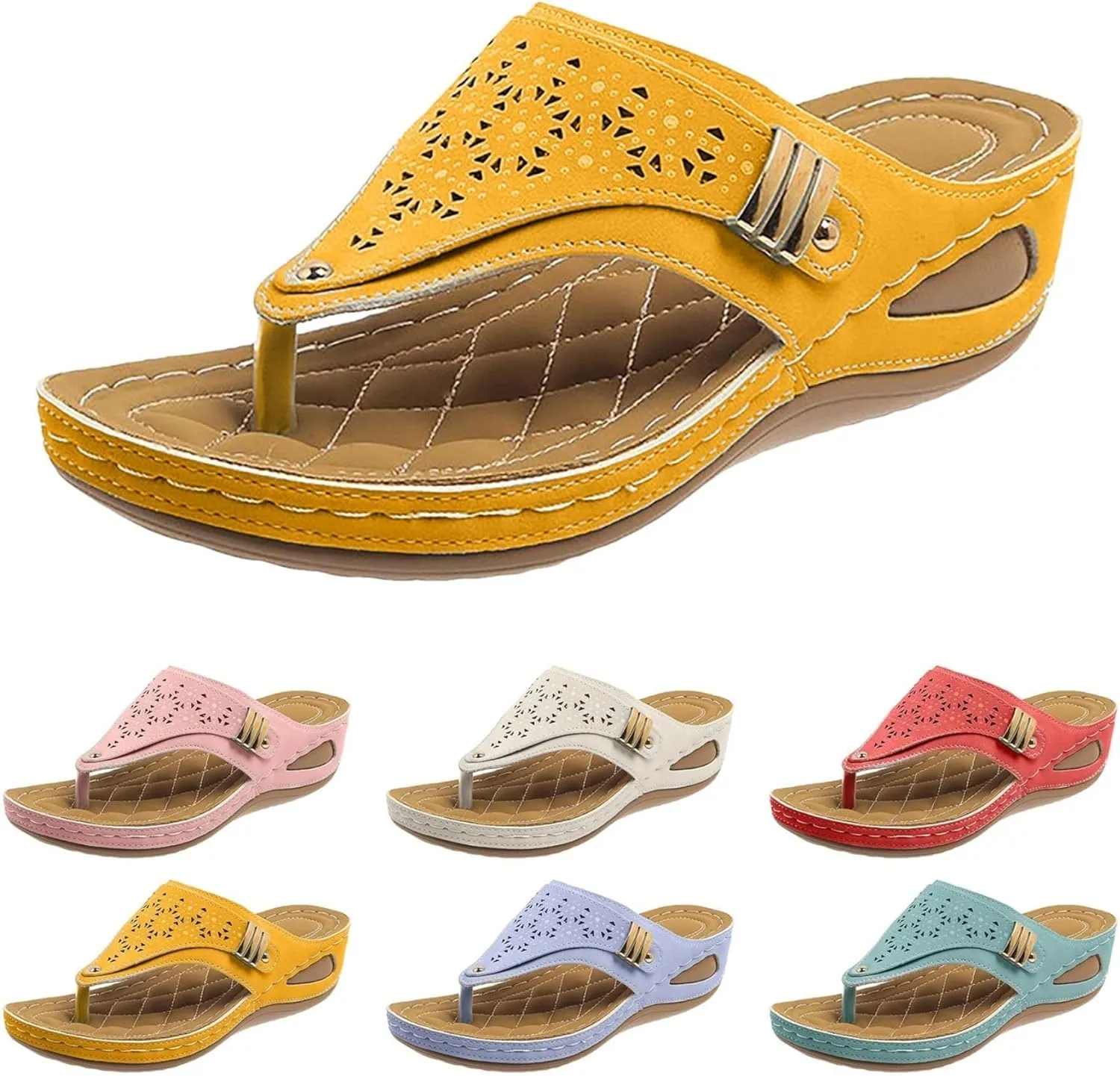 Women's Orthopedic Bohemia Breathable Mesh Hollow Wedge Sandals, Yellow, Size 9, Flat Sandals, Casual, Open Toe, Ankle Strap, Thong, Adult Women