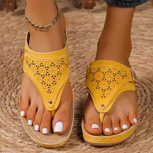 Women's Orthopedic Bohemia Breathable Mesh Hollow Wedge Sandals, Yellow, Size 9, Flat Sandals, Casual, Open Toe, Ankle Strap, Thong, Adult Women