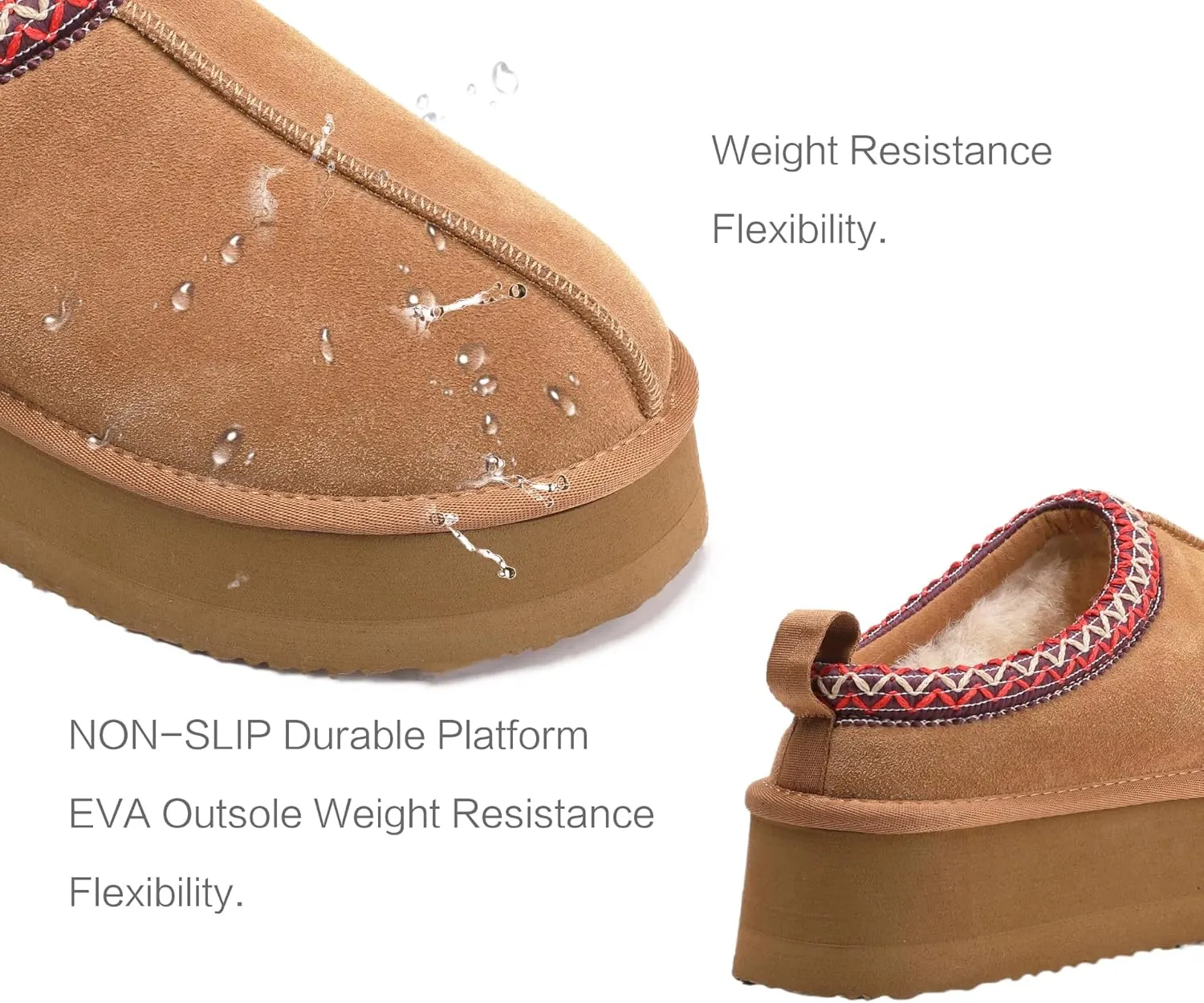 Women's Platform Fuzzy Cozy Slippers Genuine Suede Water Resistant Winter Platform Mini Boots with Memory Foam and Faux Fur Lining Comfy Fuzzy Clogs