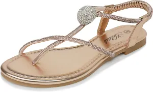 Women's Rhinestone Thong Flats Sandals, Clip Toe Elastic T-Strap Bohemia Dressy Sandals for Women