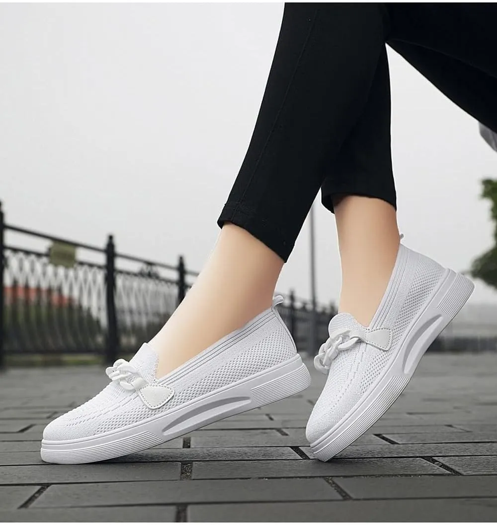 Womens Round Toe Wide Shoes Breathable Lightweight Loafers for Elderly Women Walking Nurse Work Flat Slip-On Shoes