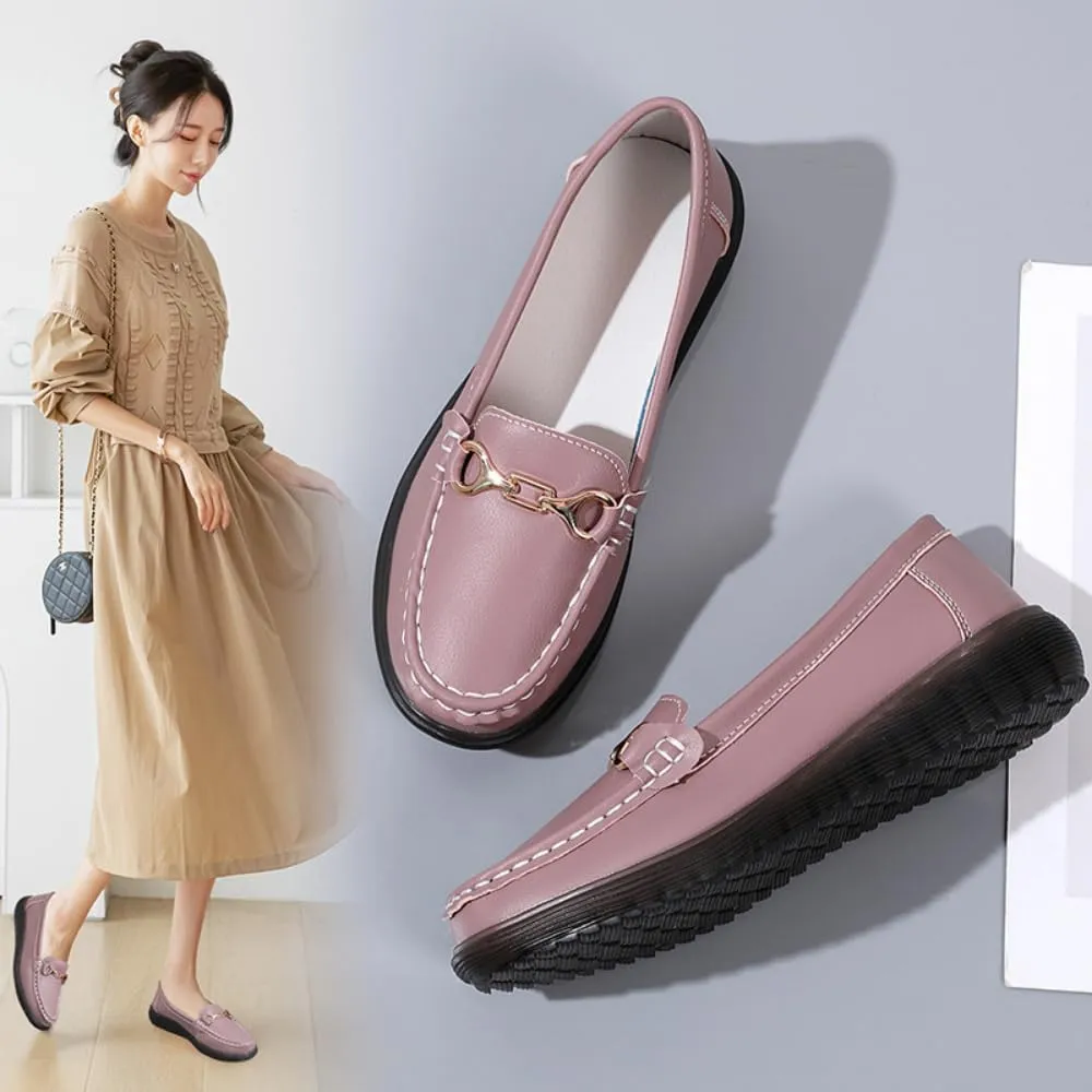 Womens Round Toe Wide Shoes Breathable Lightweight Loafers for Elderly Women Walking Nurse Work Flat Slip-On Shoes