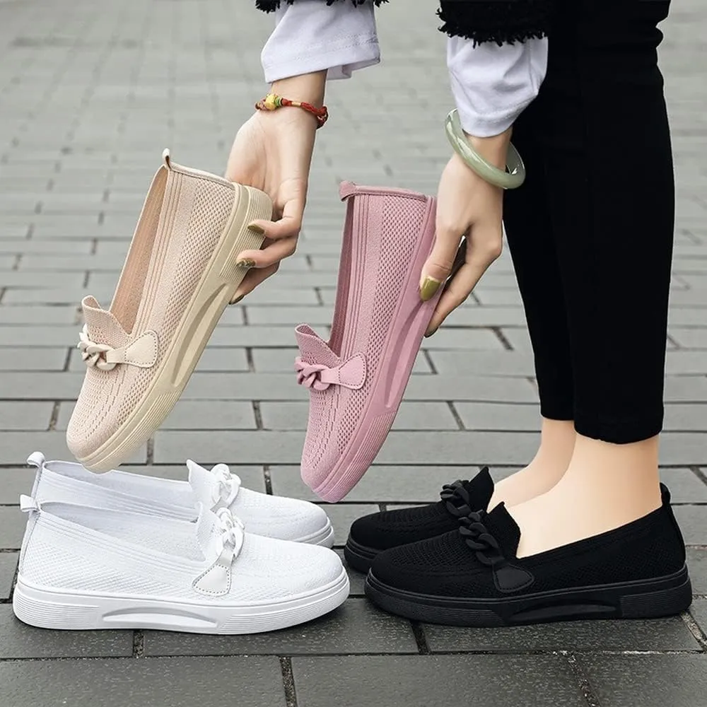 Womens Round Toe Wide Shoes Breathable Lightweight Loafers for Elderly Women Walking Nurse Work Flat Slip-On Shoes