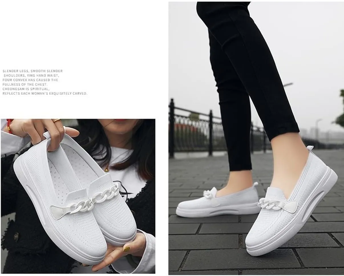 Womens Round Toe Wide Shoes Breathable Lightweight Loafers for Elderly Women Walking Nurse Work Flat Slip-On Shoes
