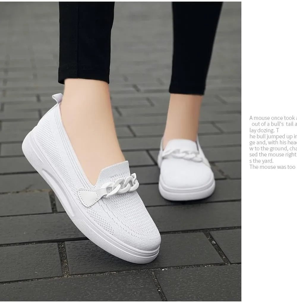 Womens Round Toe Wide Shoes Breathable Lightweight Loafers for Elderly Women Walking Nurse Work Flat Slip-On Shoes