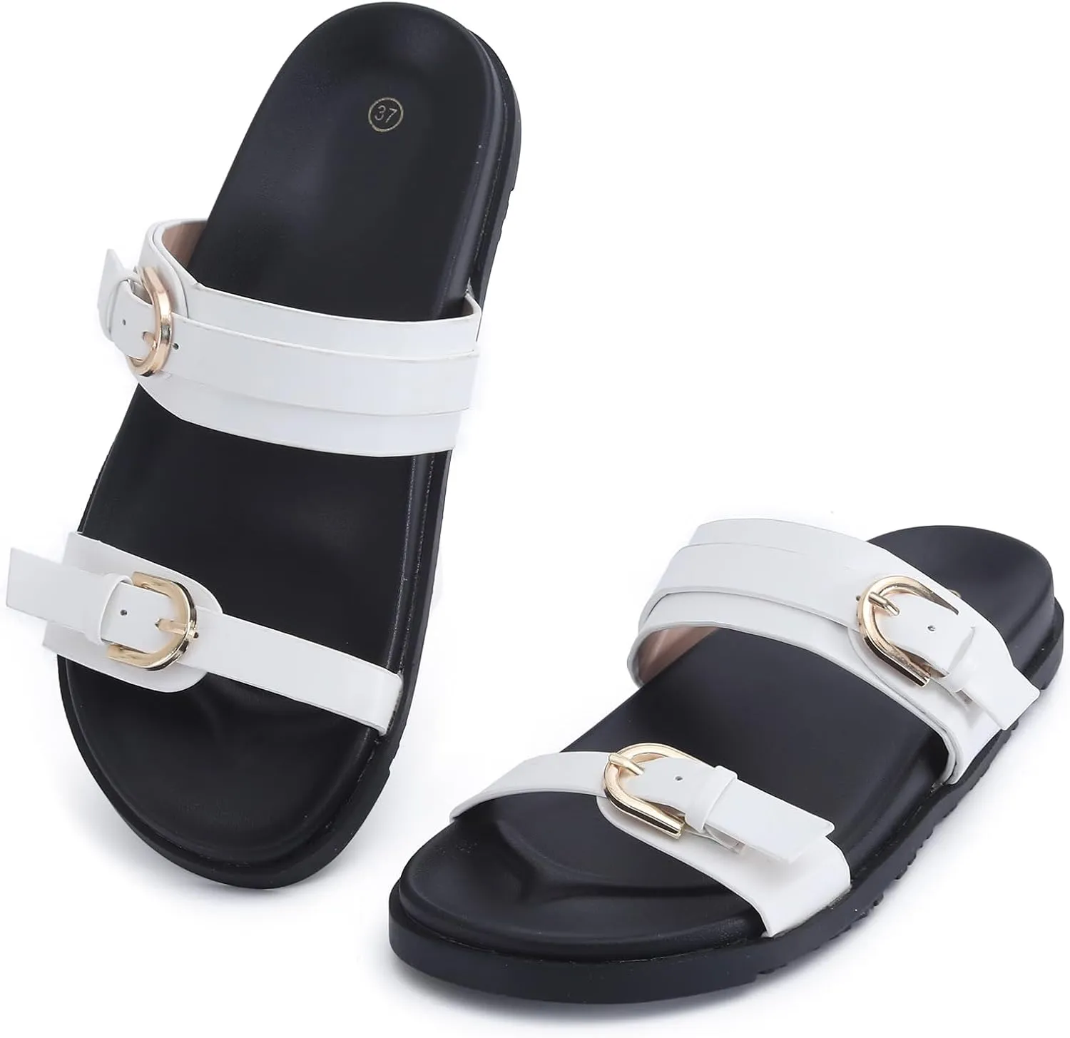 Women's Sandal Slide, Handmade Soft Cushioned Footbed Open Toe Slides, Adjustable Slip On Flat, Size 9 White