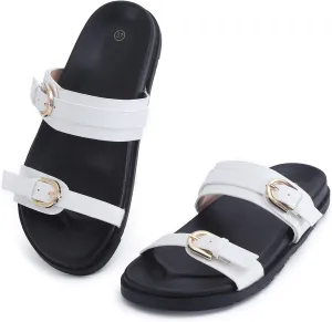 Women's Sandal Slide, Handmade Soft Cushioned Footbed Open Toe Slides, Adjustable Slip On Flat, Size 9 White