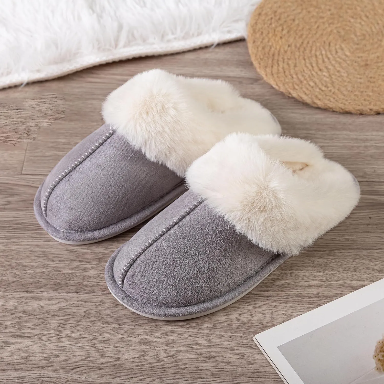 Womens Slipper Memory Foam Fluffy Soft Warm Slip On Anti-Skid House Slippers,Cozy Plush for Indoor Outdoor