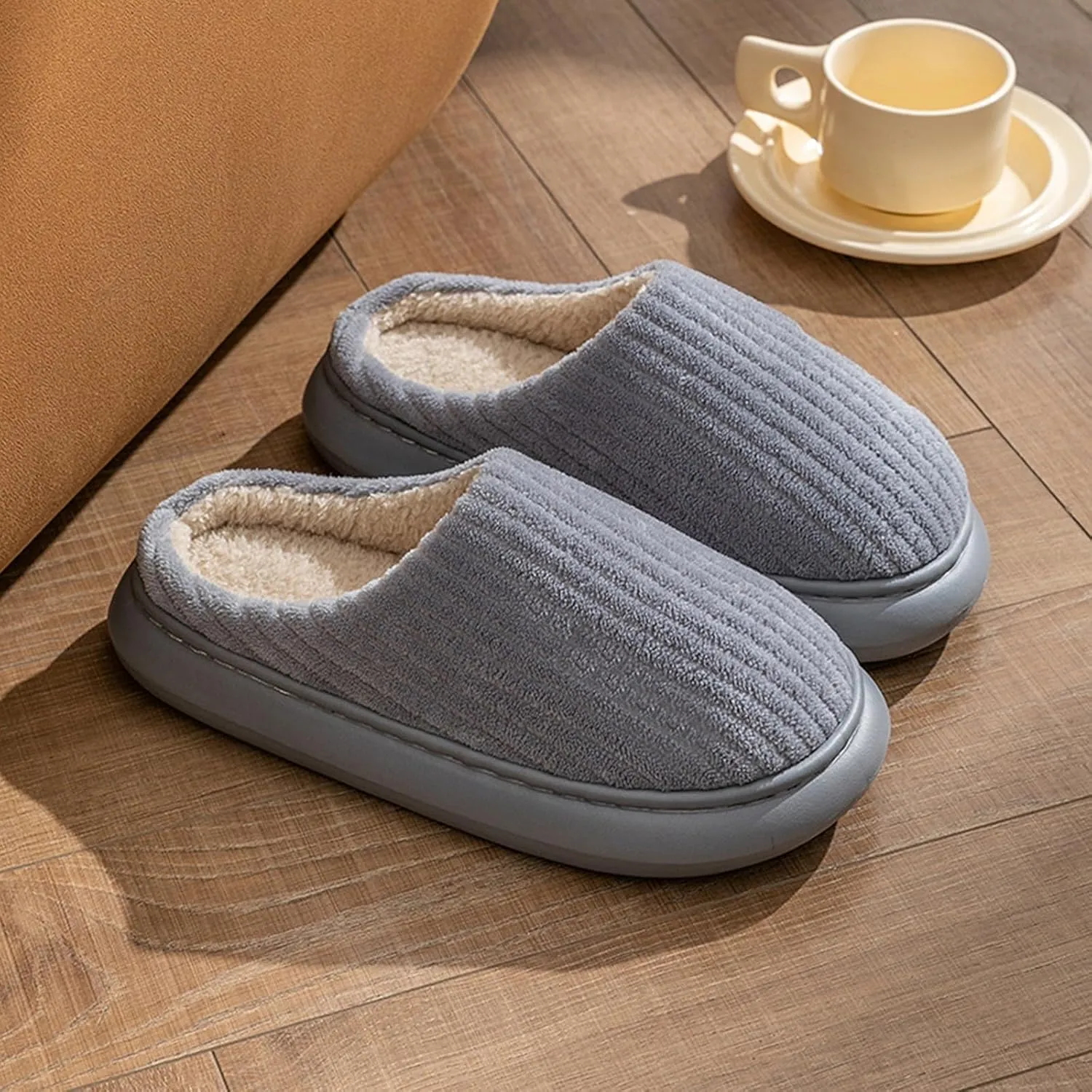 Womens Slippers Plush Lined Striped Slip On Slipper Non Slip Casual Bedroom Slippers for Men Cozy Cotton Slippers