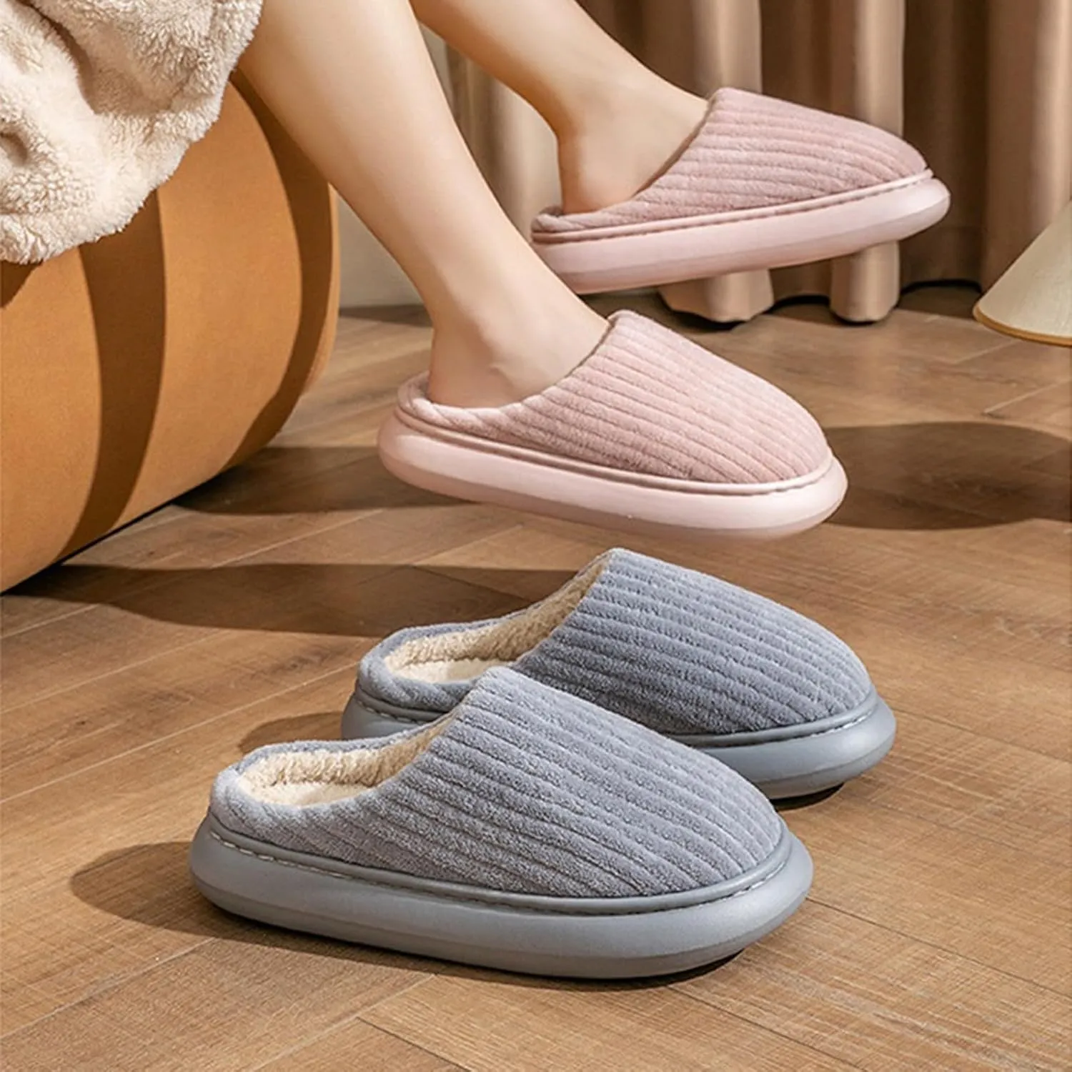 Womens Slippers Plush Lined Striped Slip On Slipper Non Slip Casual Bedroom Slippers for Men Cozy Cotton Slippers