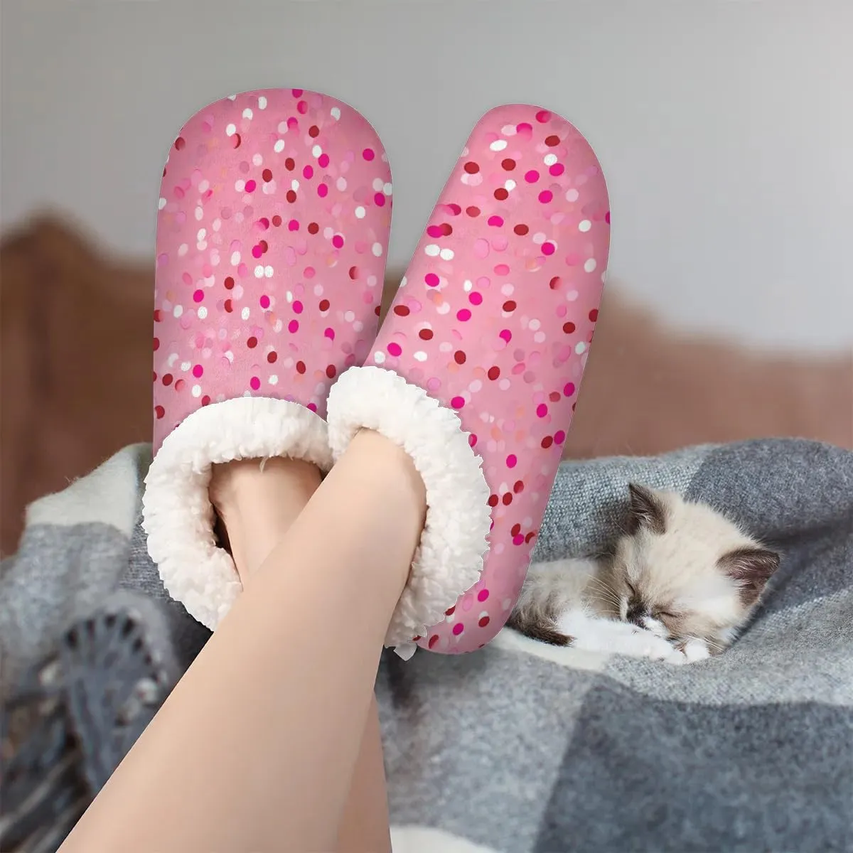 Women's Slippers Socks Cozy Fuzzy Sherpa House Shoes Winter House Bedroom Slippers White Polka Dots