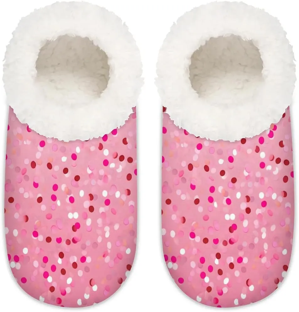 Women's Slippers Socks Cozy Fuzzy Sherpa House Shoes Winter House Bedroom Slippers White Polka Dots