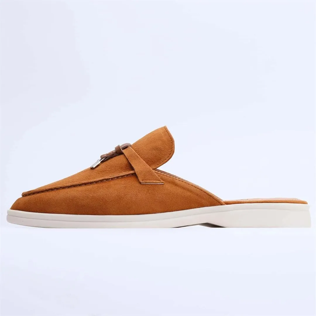 Women’S Suede Leather Round Toe Flat Slip-On Casual Mules with Tassel for Daily Shopping and Walking