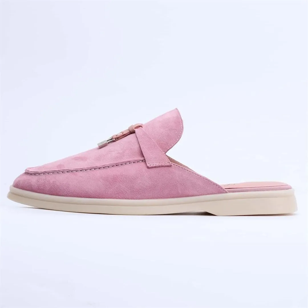 Women’S Suede Leather Round Toe Flat Slip-On Casual Mules with Tassel for Daily Shopping and Walking