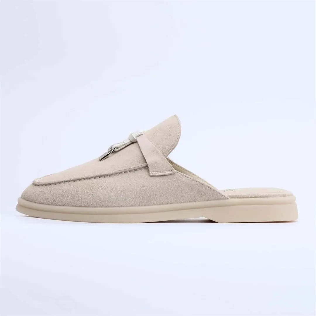 Women’S Suede Leather Round Toe Flat Slip-On Casual Mules with Tassel for Daily Shopping and Walking