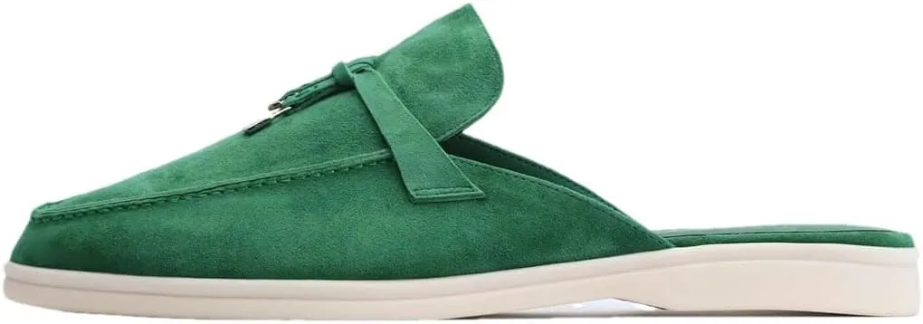 Women’S Suede Leather Round Toe Flat Slip-On Casual Mules with Tassel for Daily Shopping and Walking
